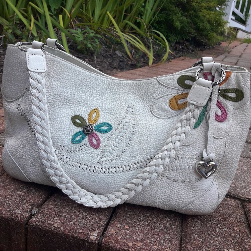 White Floral Embroidered Leather Brighton Hobo Bag